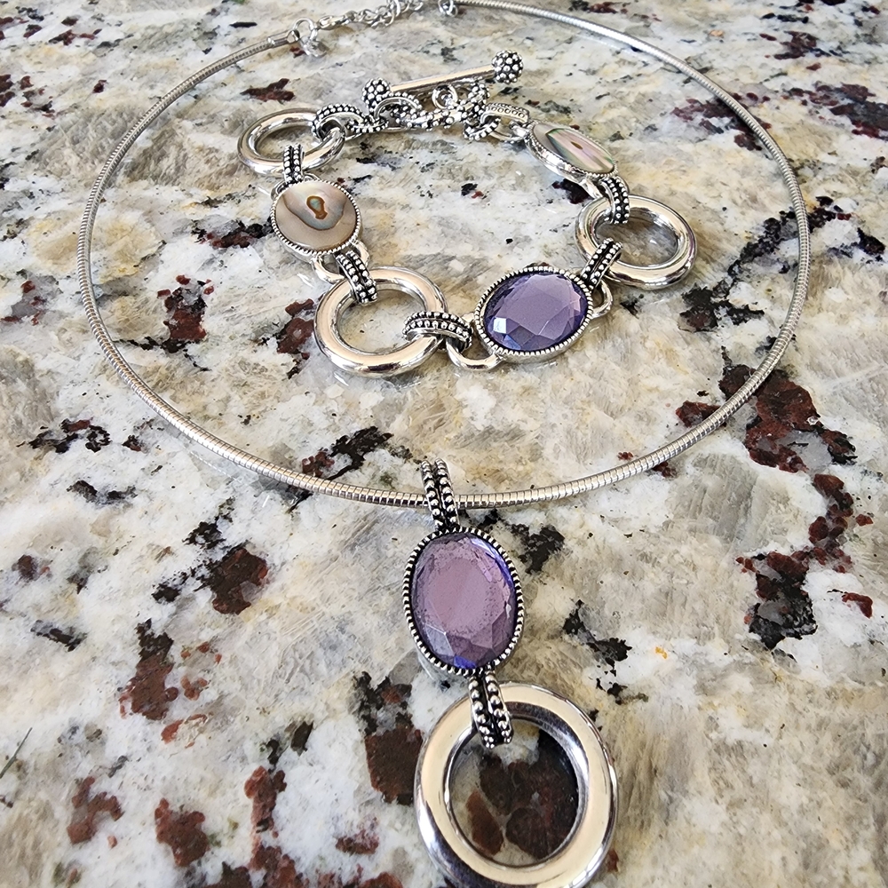 Elegant Silver and Purple Necklace Set